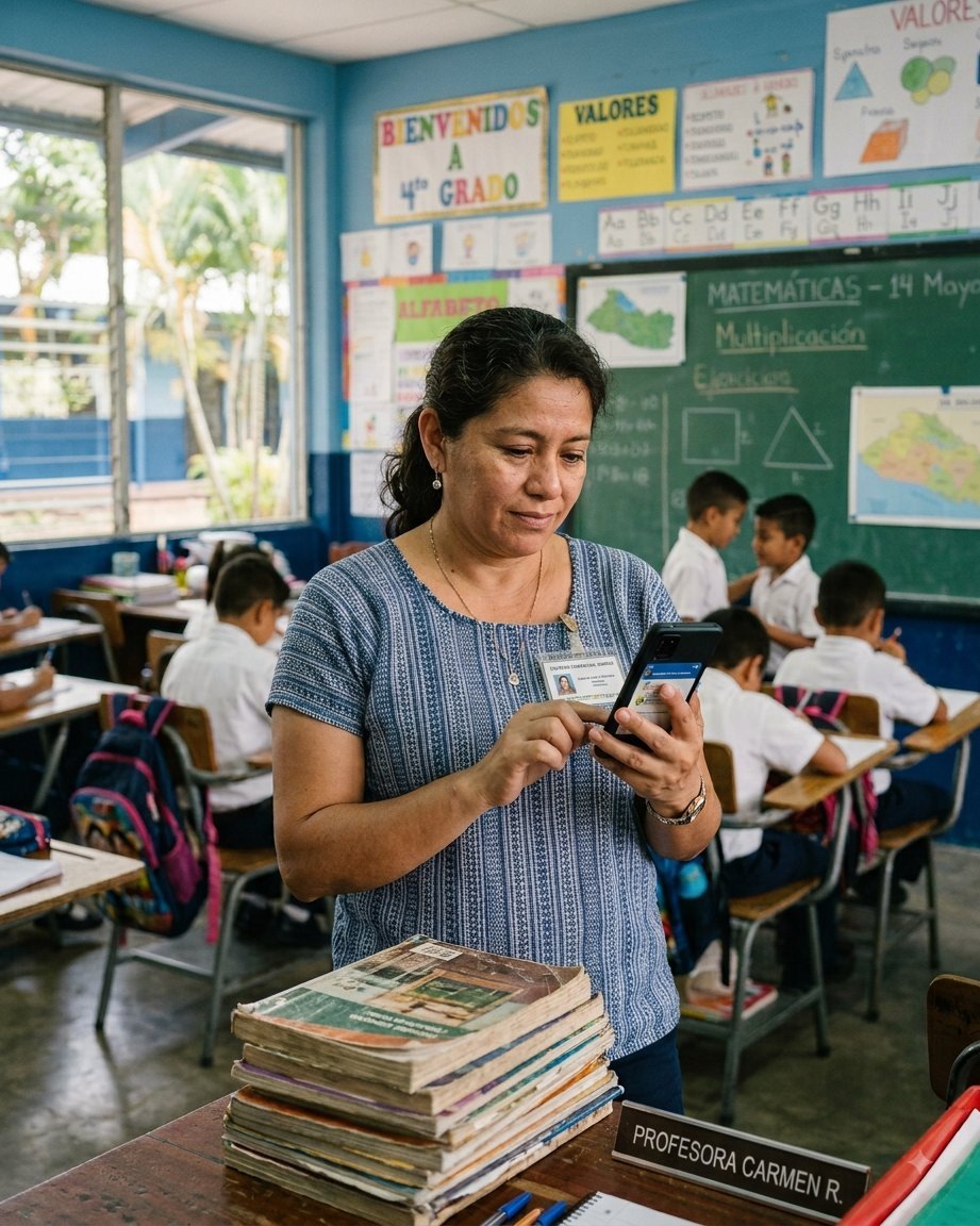 Docente salvadoreña en su aula, con el teléfono en la mano
