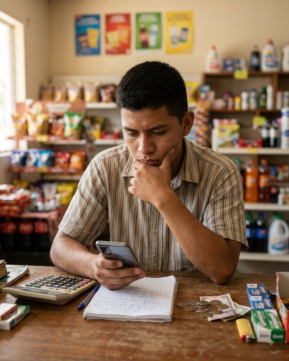 Joven con su teléfono y su cuaderno en el mostrador de una tienda